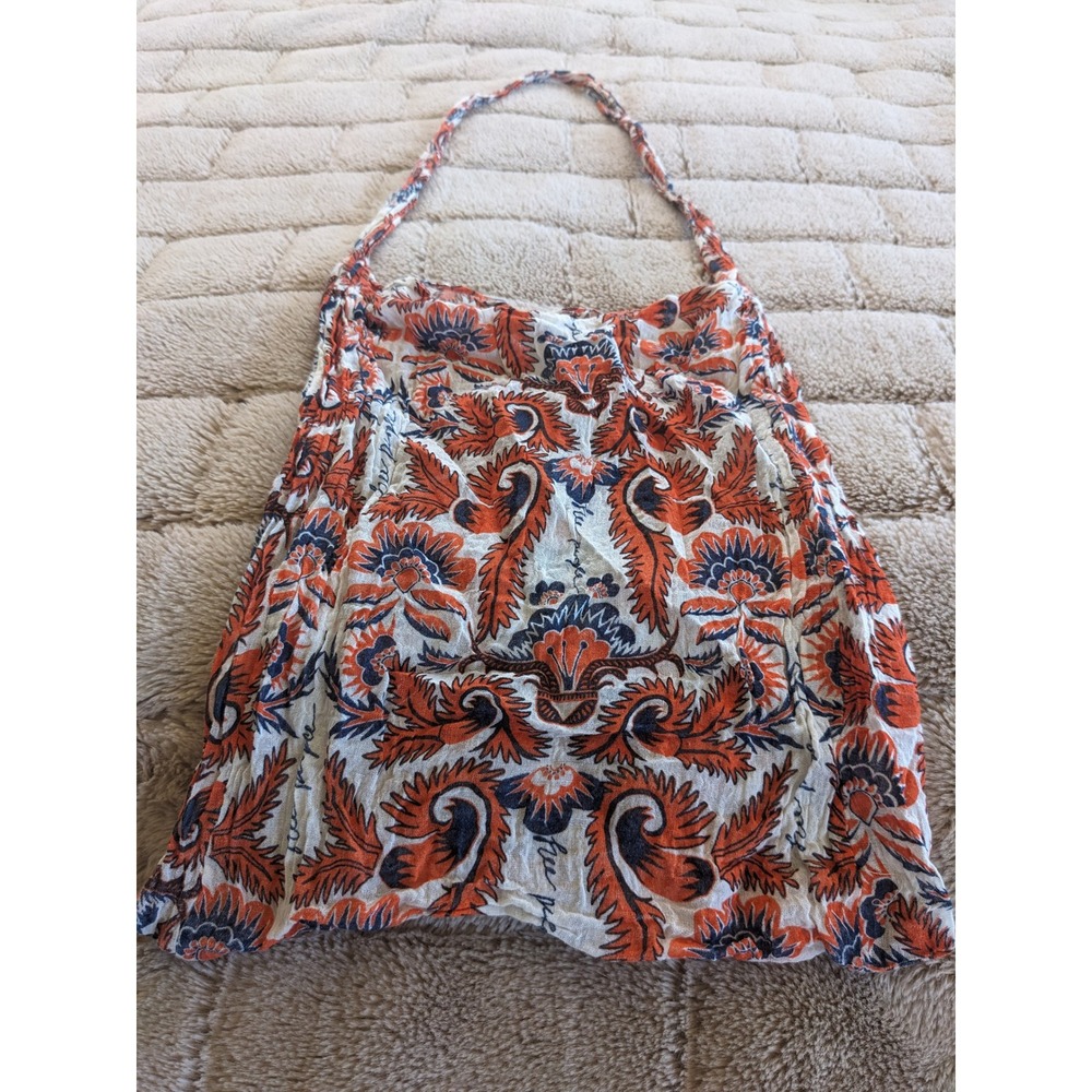 Free People Reusable Tote Bag Orange Navy Boho Paisley Floral Eco Shopper